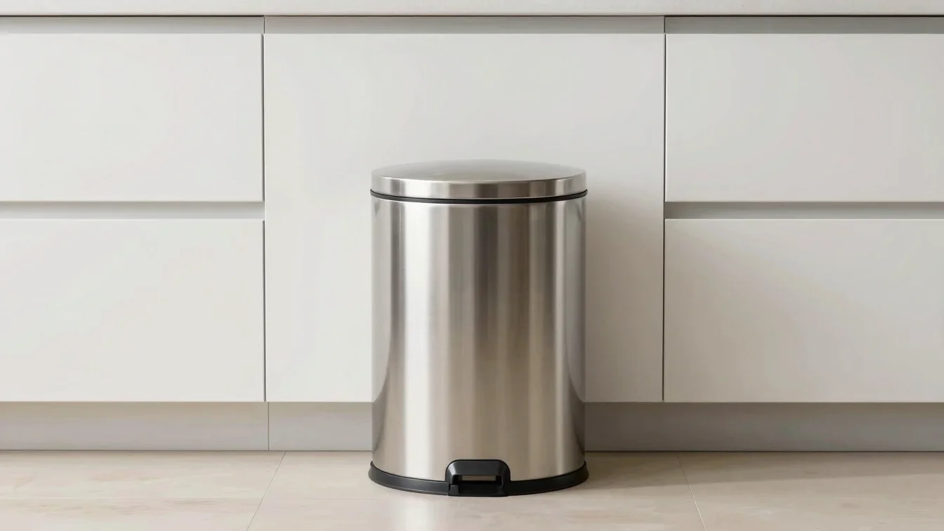 Brushed stainless steel sensor trash can in a modern minimalist kitchen, soft daylight, 85mm lens